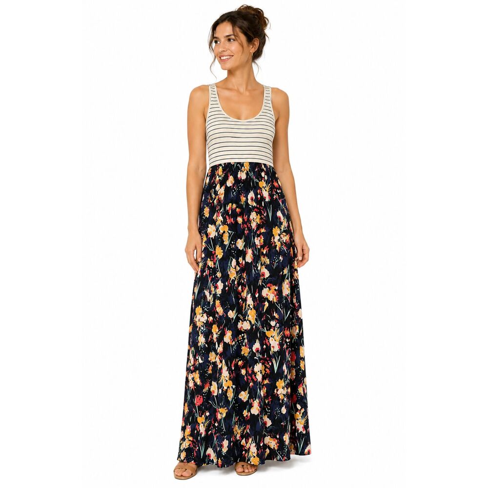 MUDD Knit To Woven Floral Maxi Dress Strapped Back Multicolor Sz M